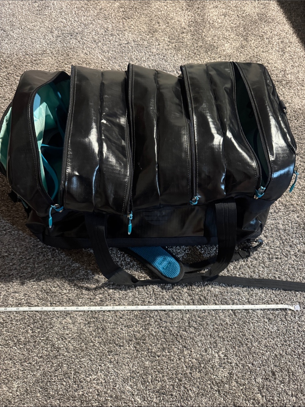 Tobiq Travel Black Multiple-Compartment Backpack Duffel Bag with Teal Accents